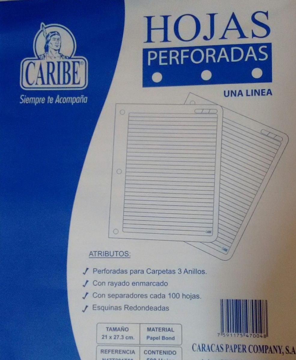 Ver Información de Hojas Ponchadas 3 Huecos Caribe x 200 H en MegaOffice.com.ve